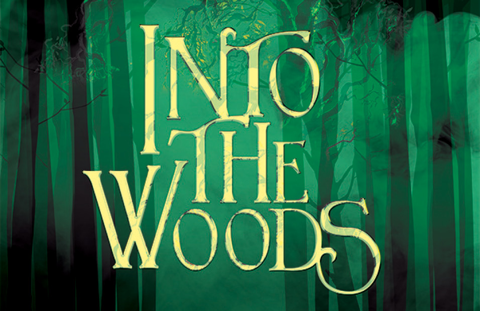 green creepy background with trees that says Into the Woods